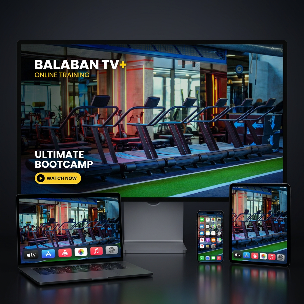 Balaban TV+ televizyon, laptop, tablet, telefon ve saat mockup